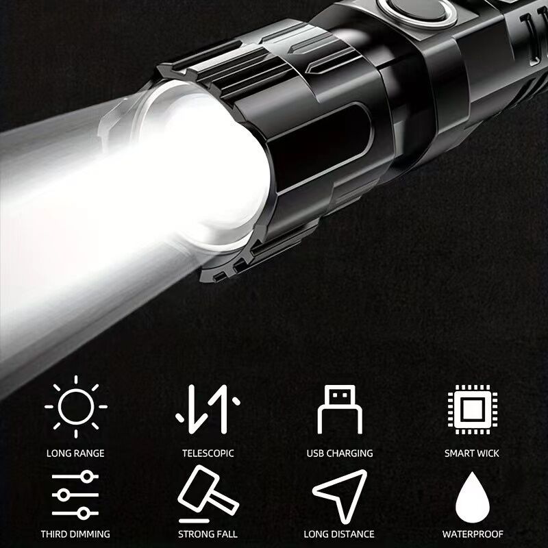 1 USB rechargeable flashlight, ultra-bright LED handheld outdoor emergency light, with telescopic zoom, wide beam, 1800mAh lithium battery, 150 lumens — image 6