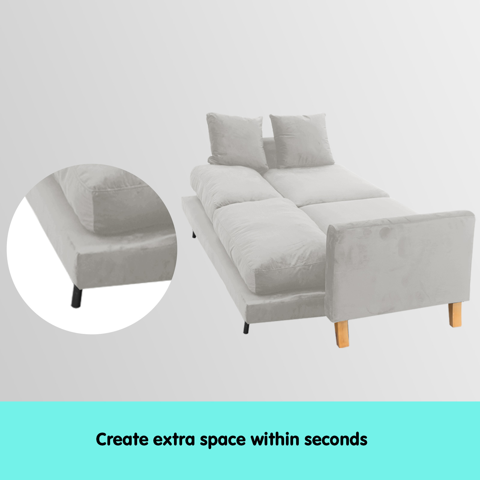 Sarantino 3 Seater Faux Velvet Sofa Bed Couch Furniture Light Grey — image 3