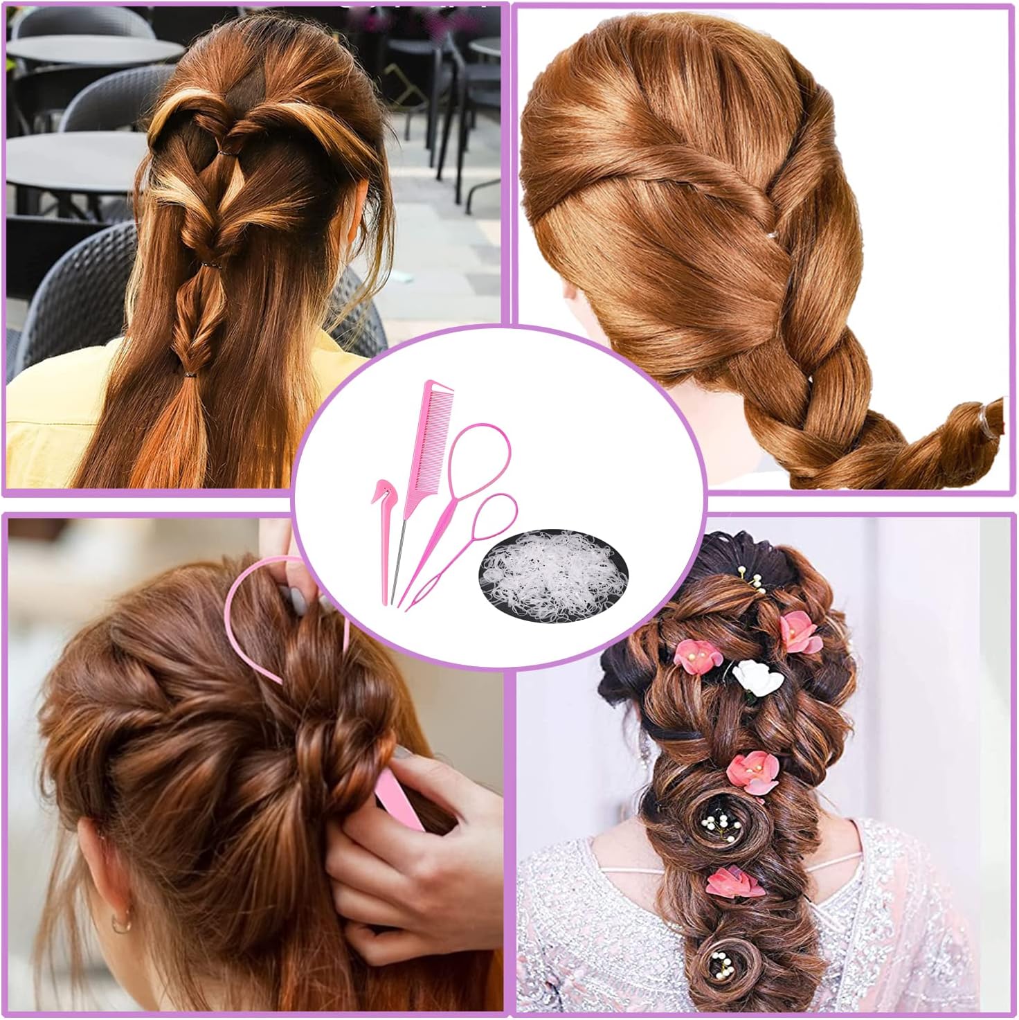 Hair Loop Styling Tool Set with 1000 Pcs Clear Mini Elastic Hair Bands 1 Pcs Rat Tail Combs for Braiding Styling 2 Pcs Hair Pull Through Tool 1 Pcs Hair Band โ image 6