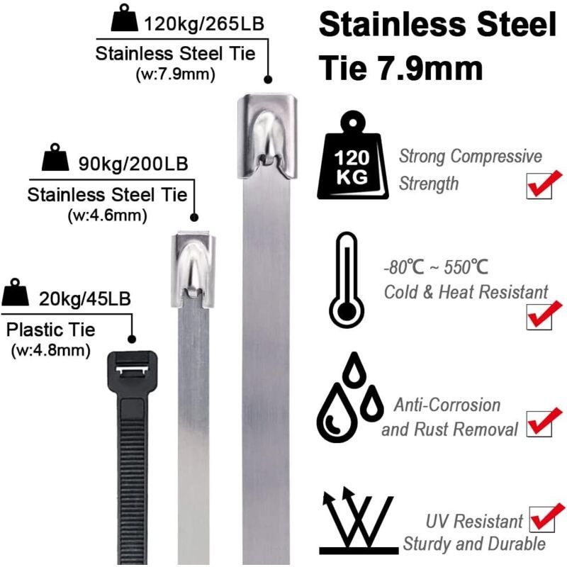 100 Pack Stainless Steel Metal Zip Ties Heavy Duty Silver 120kg Strength, 500 x 7.9mm — image 3