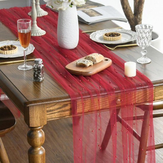 Red Table Veil with White Pearls - Silky Gauze 30x120 Inches - For Weddings, Parties & Table Decorations โ image 3