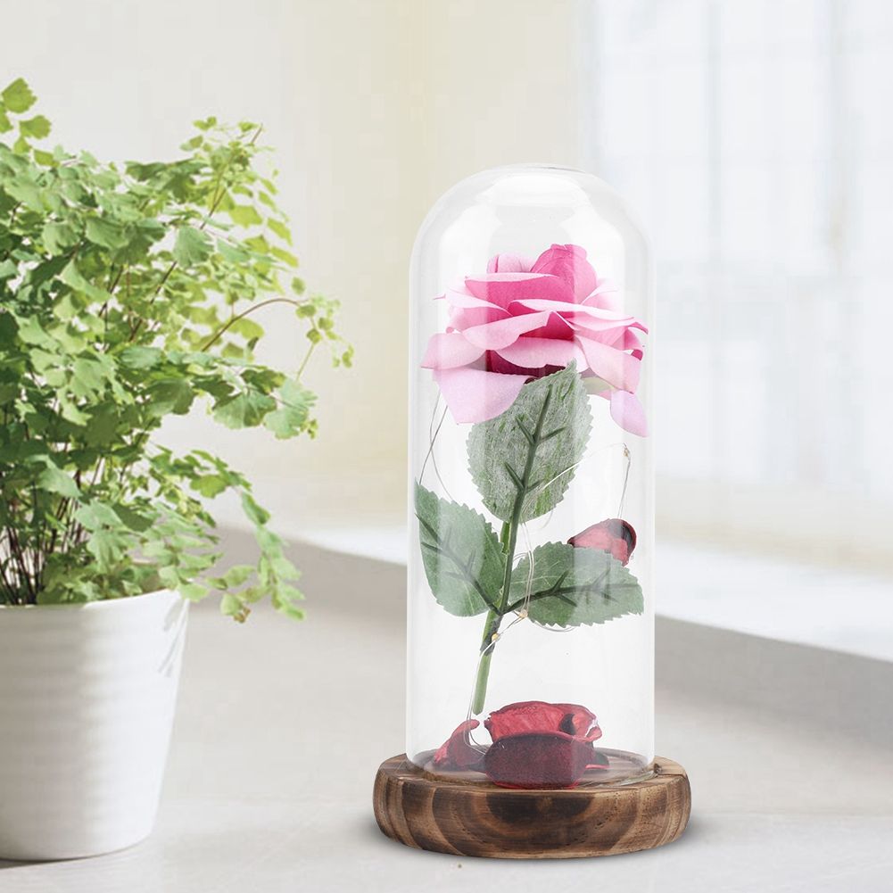Preserved Rose Flower LED Light with Glass Cover Wooden Base Valentines'Day Wedding Gift Pink โ image 5