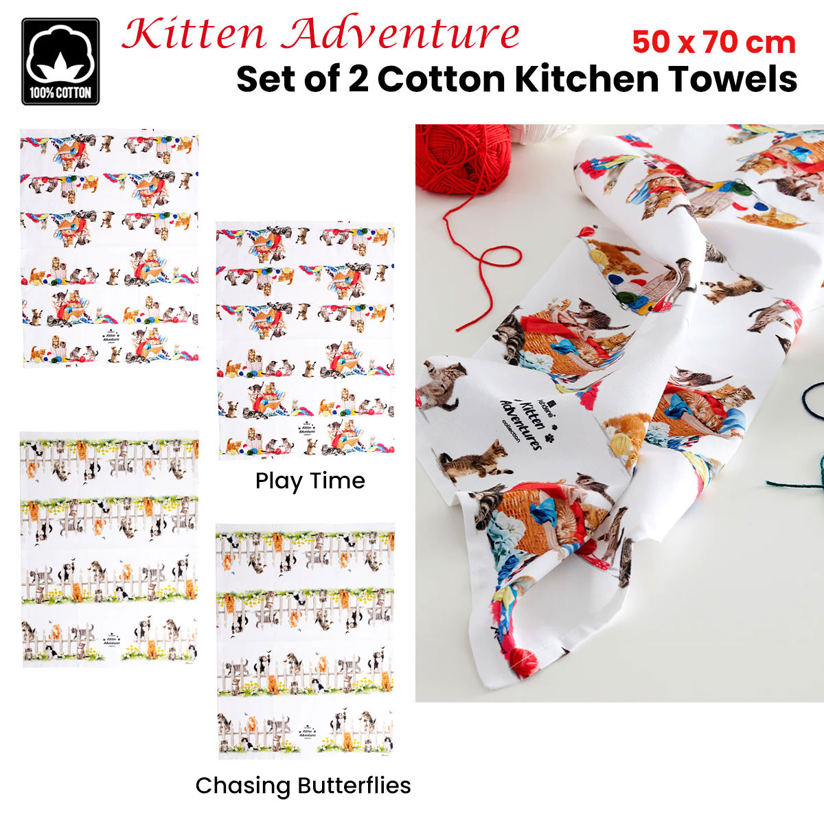 Ashdene Set of 2 Kitten Adventures Cotton Kitchen Tea Towels Play Time — image 2