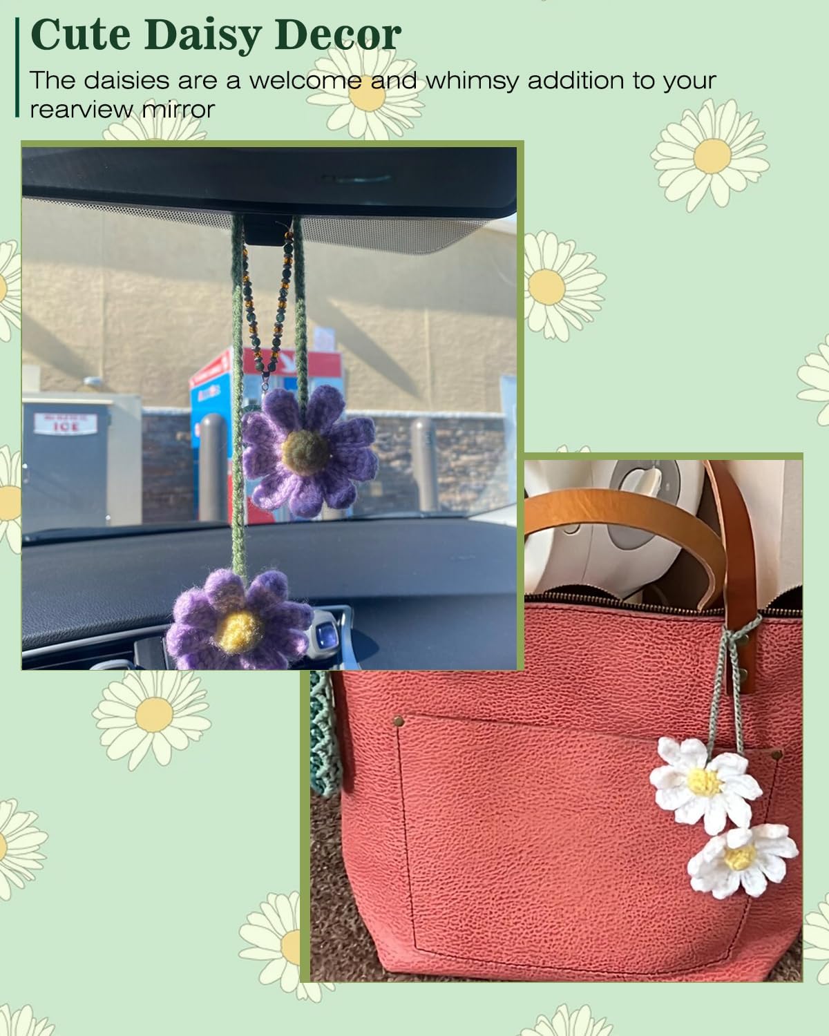 Crochet Daisy Auto Parts Women Cute Rearview Mirror Charm Crafted Daisy Flower Gift Crochet Lovers Car Decoration Car Interior Aesthetics (Purple) — image 4