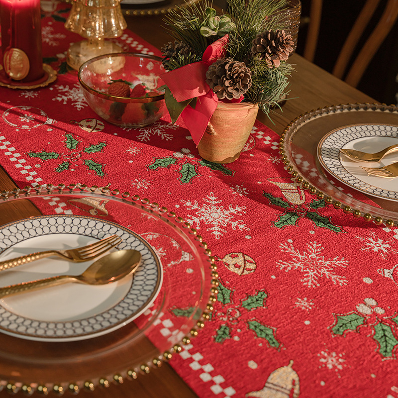 Red Christmas Table Runner with Tassels - Festive Snowflake & Bell Print (35 × 240cm) — image 2
