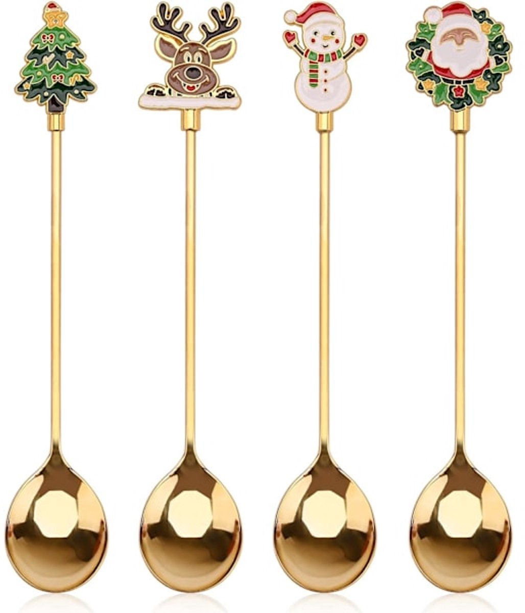 Teaspoons - 4 spoons - Christmas tableware - Silver dessert spoons - Decorated with Christmas trees, reindeer, snowmen and Santa Claus - Suitable for