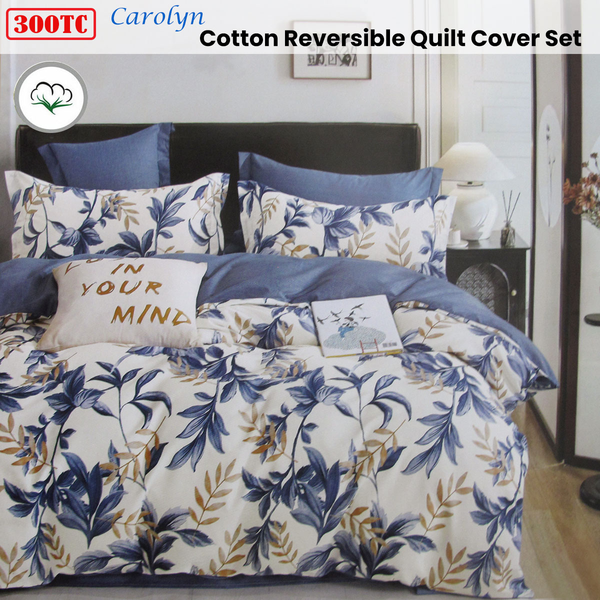 300TC Carolyn Blue Reversible Cotton Quilt Cover Set Queen โ image 2