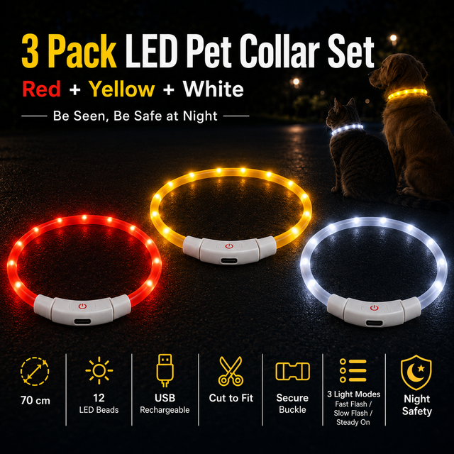 3PCS USB Rechargeable LED Pet Collar (Red Yellow White) – 70cm Cuttable Silicone Glow Dog Collar with 12 LED Beads, 3 Flash Modes and Secure Buckle Design