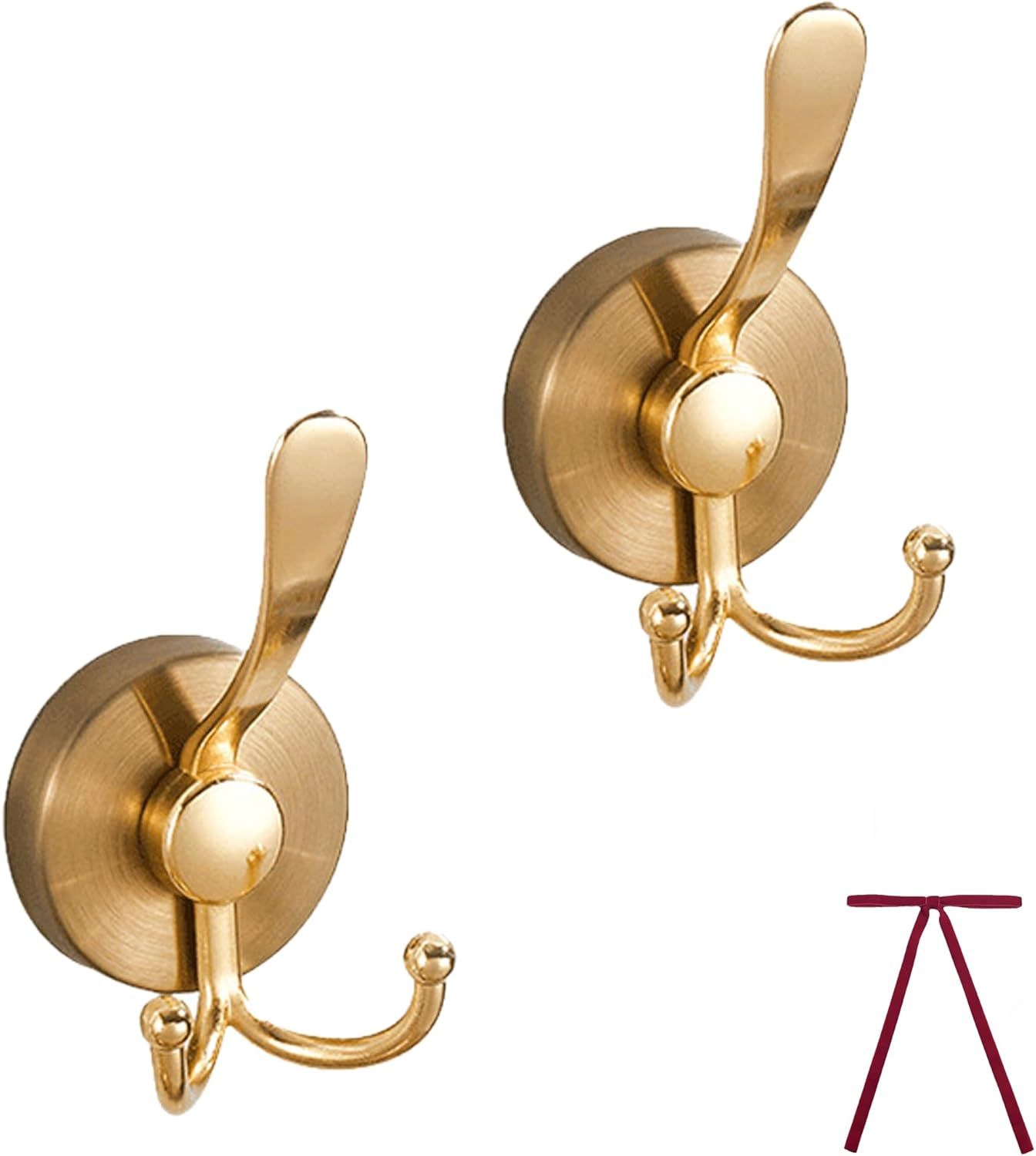 2pcs Cup Hooks for Shower,Bathroom - Heavy Duty, Removable,Waterproof, No Drill Holds Towels, Robes, Wreath on Glass, Tile, Mirror, Door(Golden)double-headed — image 2