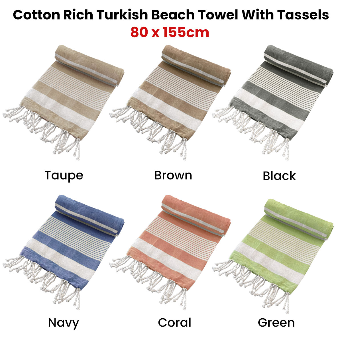 Cotton Rich Large Turkish Beach Towel with Tassels 80cm x 155cm Brown โ image 2