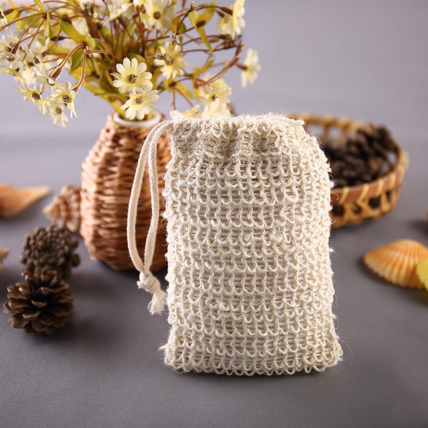 2 Pack Soap Exfoliating Bag Pouch Soap Saver Natural Ramie Soap Bag Hand Made Soap Bag Mesh Soap Saver Bags with Drawstring