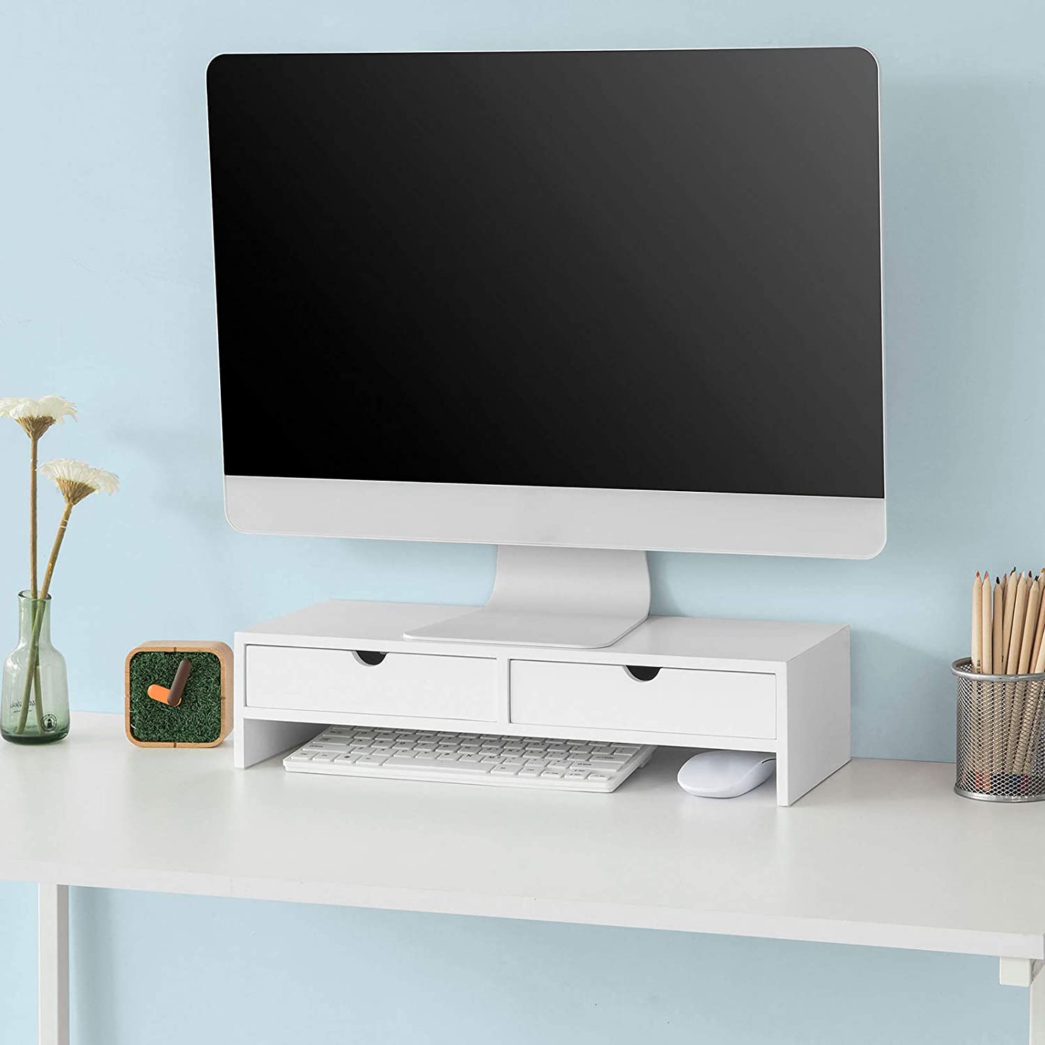 White Monitor Stand Desk Organizer with 2 Drawers — image 2
