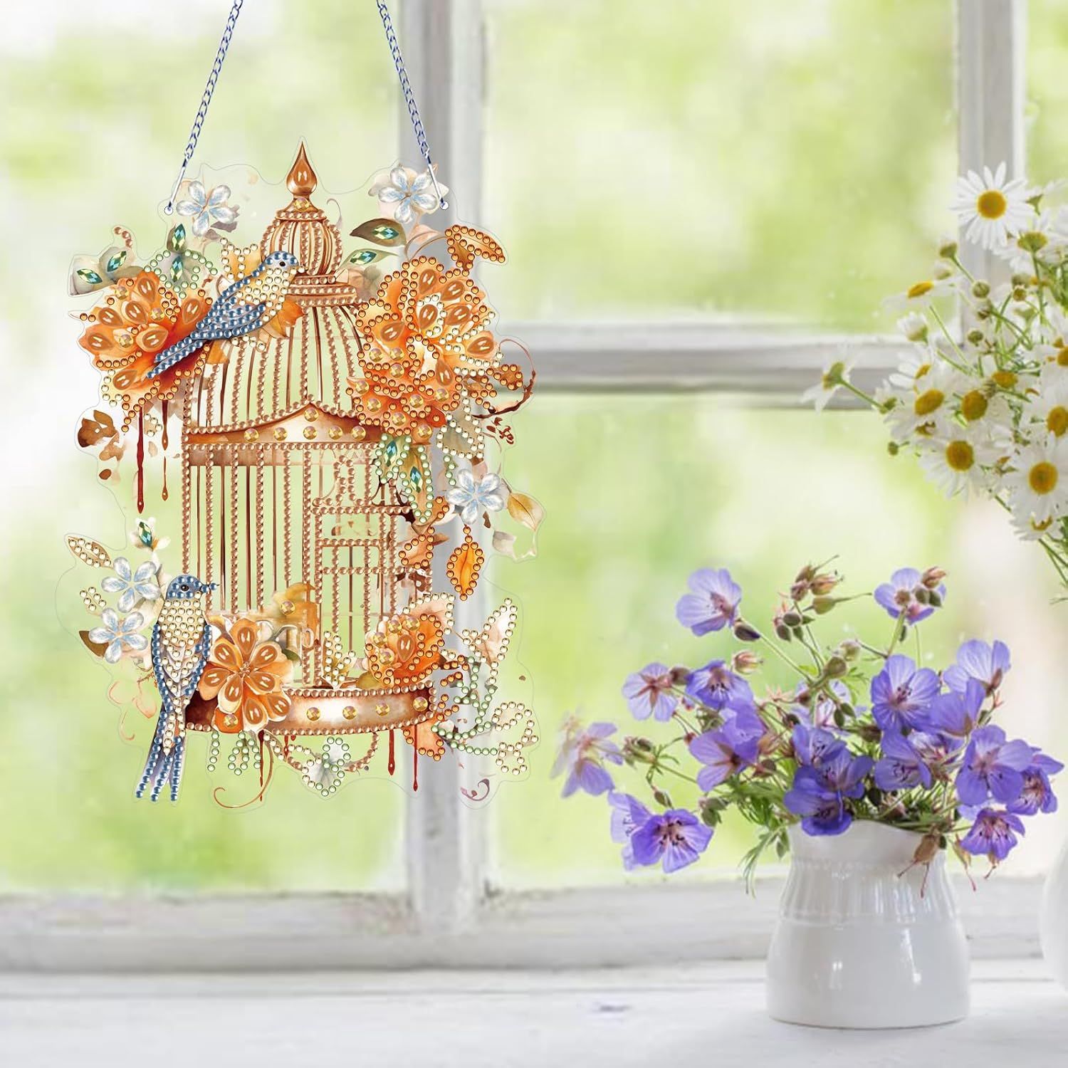 Diamond Art Painting Hanging Pendant Kit,DIY Flower Birdcage Crystal Art Hanging Sign,Diamond Window Hanging Wreath Ornament for Home Decor (365), MHL-35 — image 5