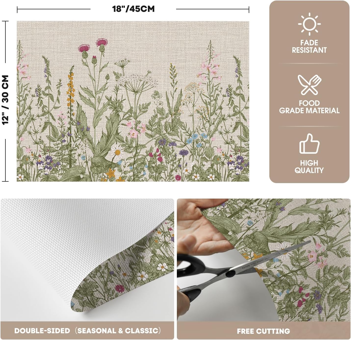 Wildflower Vinyl Placemats Set of 4, Washable Non-Slip Plastic PVC Table Mats for Spring Party Kitchen Dining Decor, 12x18 Inch โ image 5