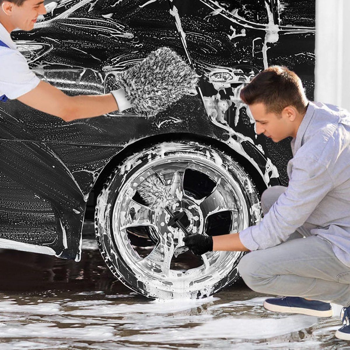 Rim Brush - Car Wheel Brush with Car Wash Mitt - Microfiber Rim Brush - Tire Brush - Wheel Brush - Rim Cleaner โ image 3