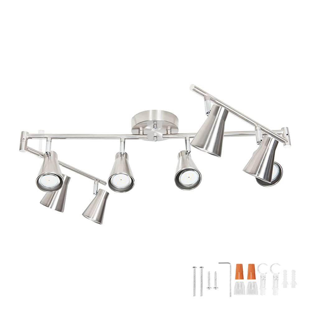 LED 8 Light Track Lighting Fixture Flexible, Adjustable Ceiling Spot Light with GU10 Track Light Head, Accent Lighting Foldable Swing Arm Brushed