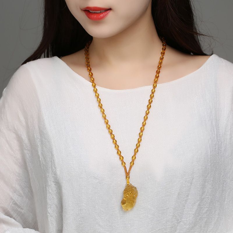 Glass Citrine Pixiu Pendant Necklace Citrine three-money brave pendant (full bead chain) — image 6
