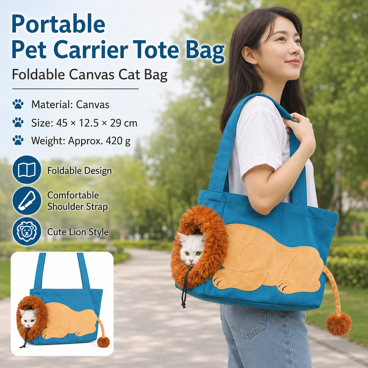 Lion Style Canvas Pet Carrier Blue Bag(big size 45*12.5*29cm) - Adjustable Head Opening, Breathable Mesh, 8cm Wide Shoulder Strap, PE Support Base, Portable — image 2