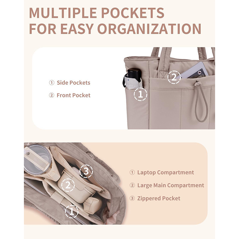 Khaki Quilted Puffer Nylon Tote/Laptop Bag for Women with Internal Cup Holder and Front & Side Pockets - Multi-Pocket Travel Handbag 15.7 x 12.2 x6.3" — image 3