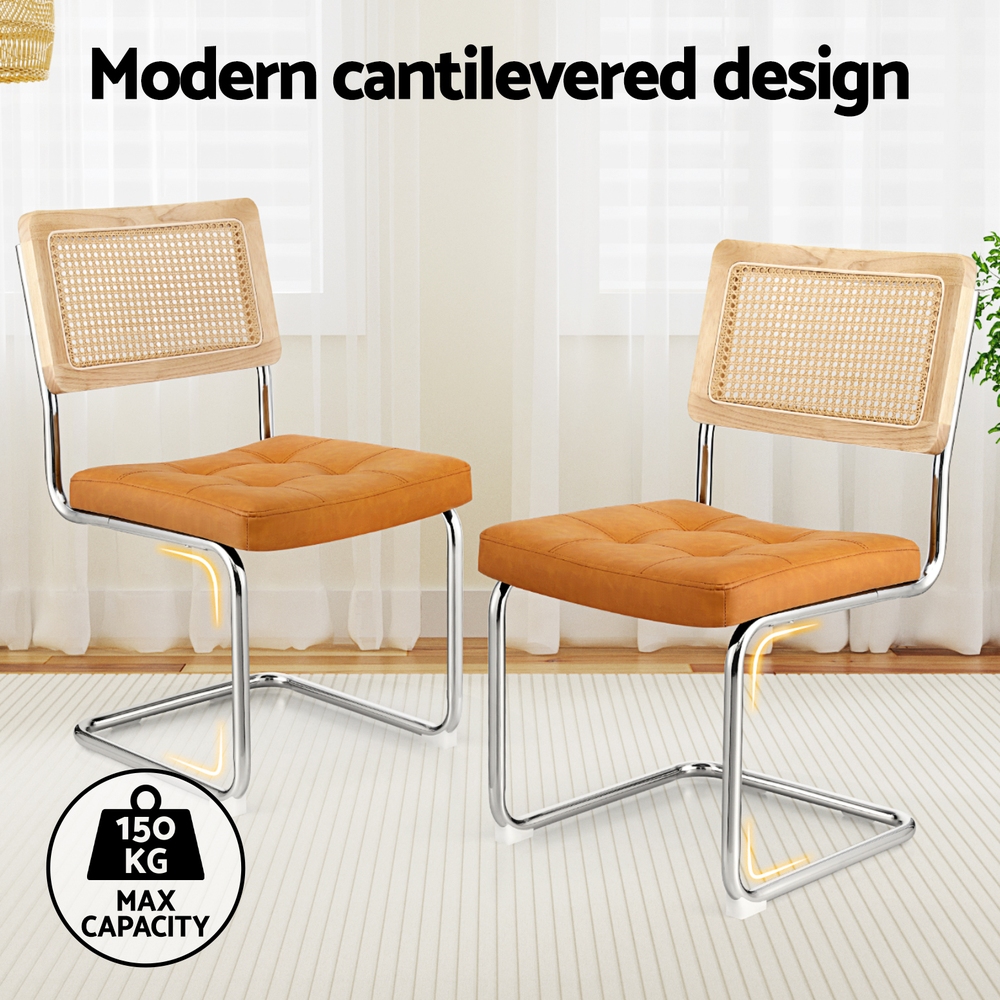 Artiss Dining Chairs Set of 2 PU Leather Rattan Cantilever Brown โ image 4