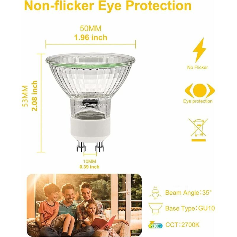 GU10 50W Incandescent Bulbs, GU10 Halogen Bulbs, AC 220V 50W Spot Light, GU10 Halogen 2-Pin Halogen Bulbs 35° Beam Angle 2700K, 6-pack — image 3
