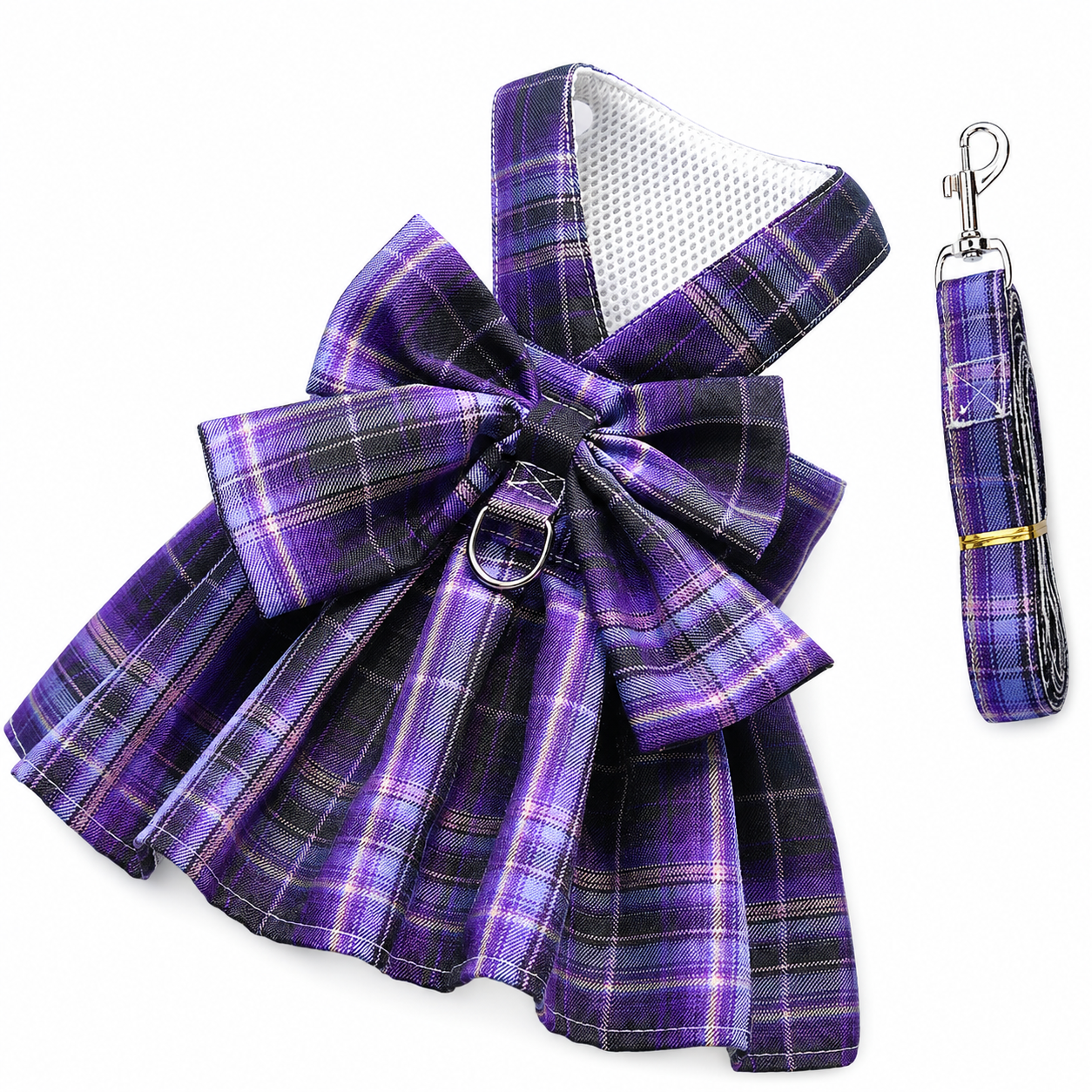 Dark Purple Plaid Pet Harness Dress with Leash for Small Dogs and Cats S Size Bow Design Vest Outfit Walking Accessory