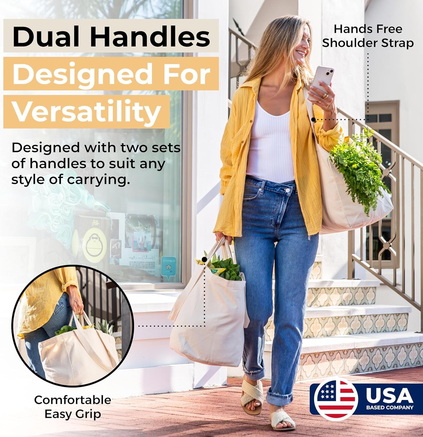 Canvas Grocery Bag 3pc XL Set with Real Pockets, Long Shoulder Strap and Short Handle. Heavy Duty, Foldable, Washable — image 2