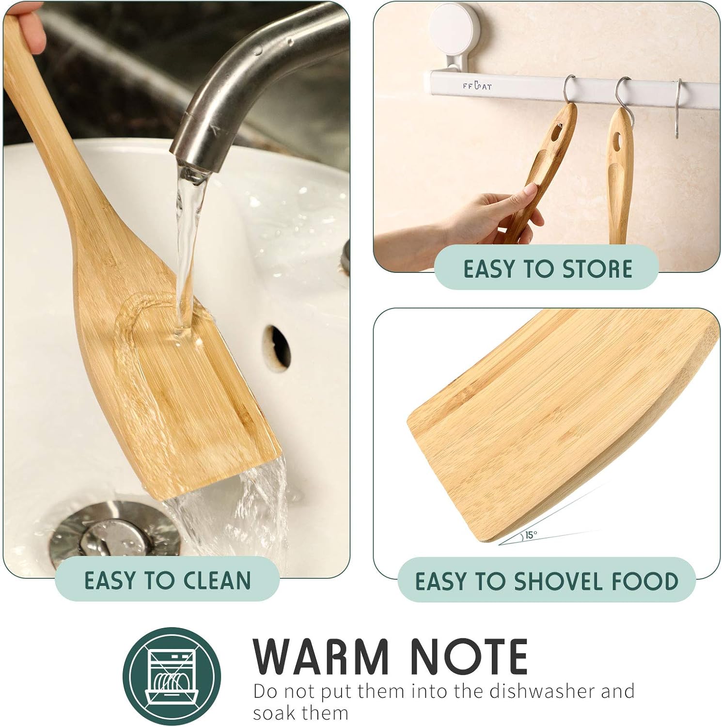 3 Pieces Bamboo Cooking Spatula and Paddle Set Bamboo Turner Wok Spatula Spoon Heat Resistant Kitchen Utensil for Nonstick Cookware, 3 Styles โ image 5