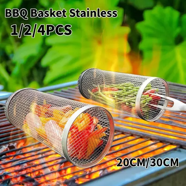 2 Pack Stainless Steel BBQ Grill Basket Set with Stand, Rotisserie Mesh Tubes for Outdoor Camping and Grilling, Silver, 20 cm