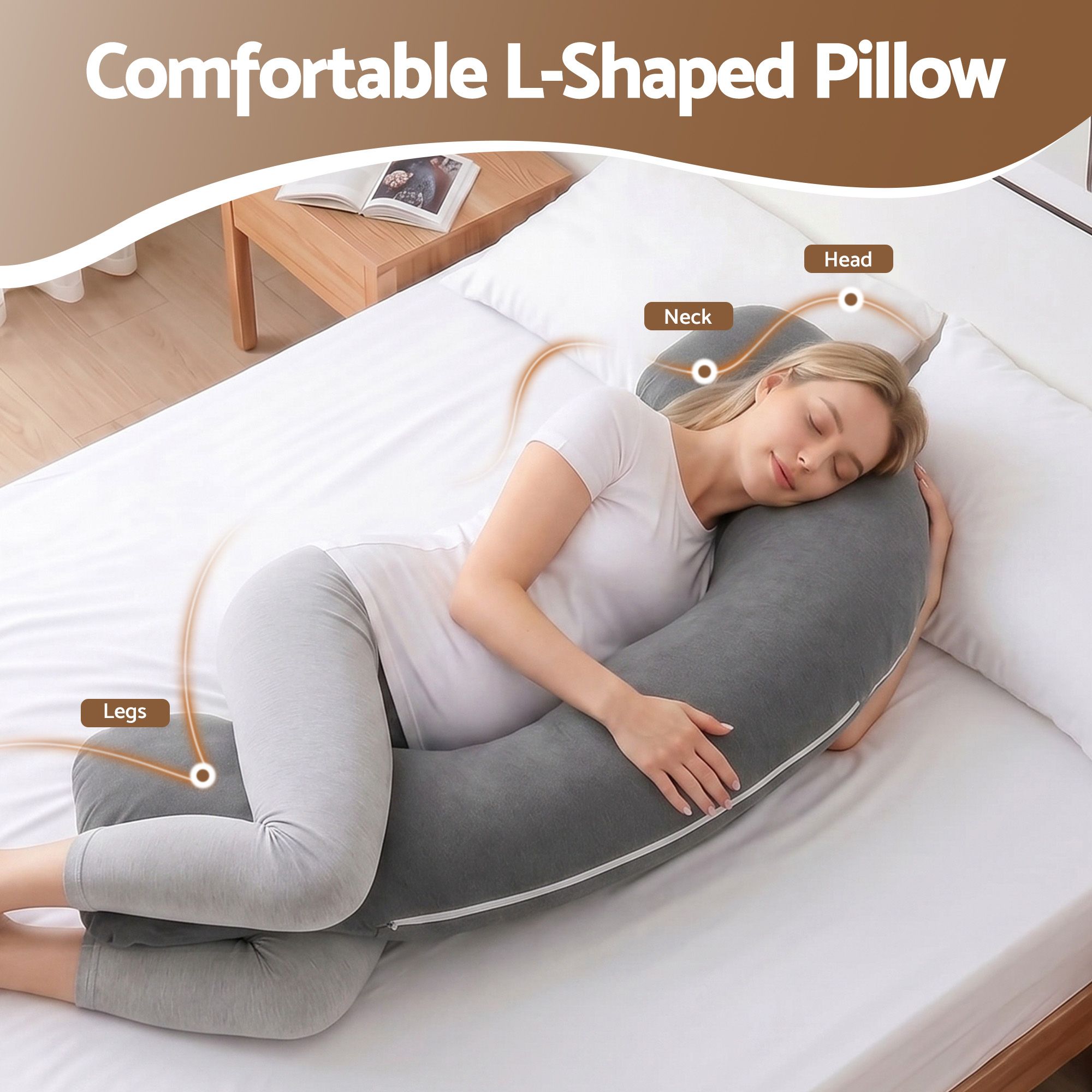 Giselle Bedding Pregnancy Pillow for Side Sleeping L-Shaped Maternity Body Pillow for Women 100% Cotton Jersey Cover for Head Neck Belly Support, 63 × 115 cm