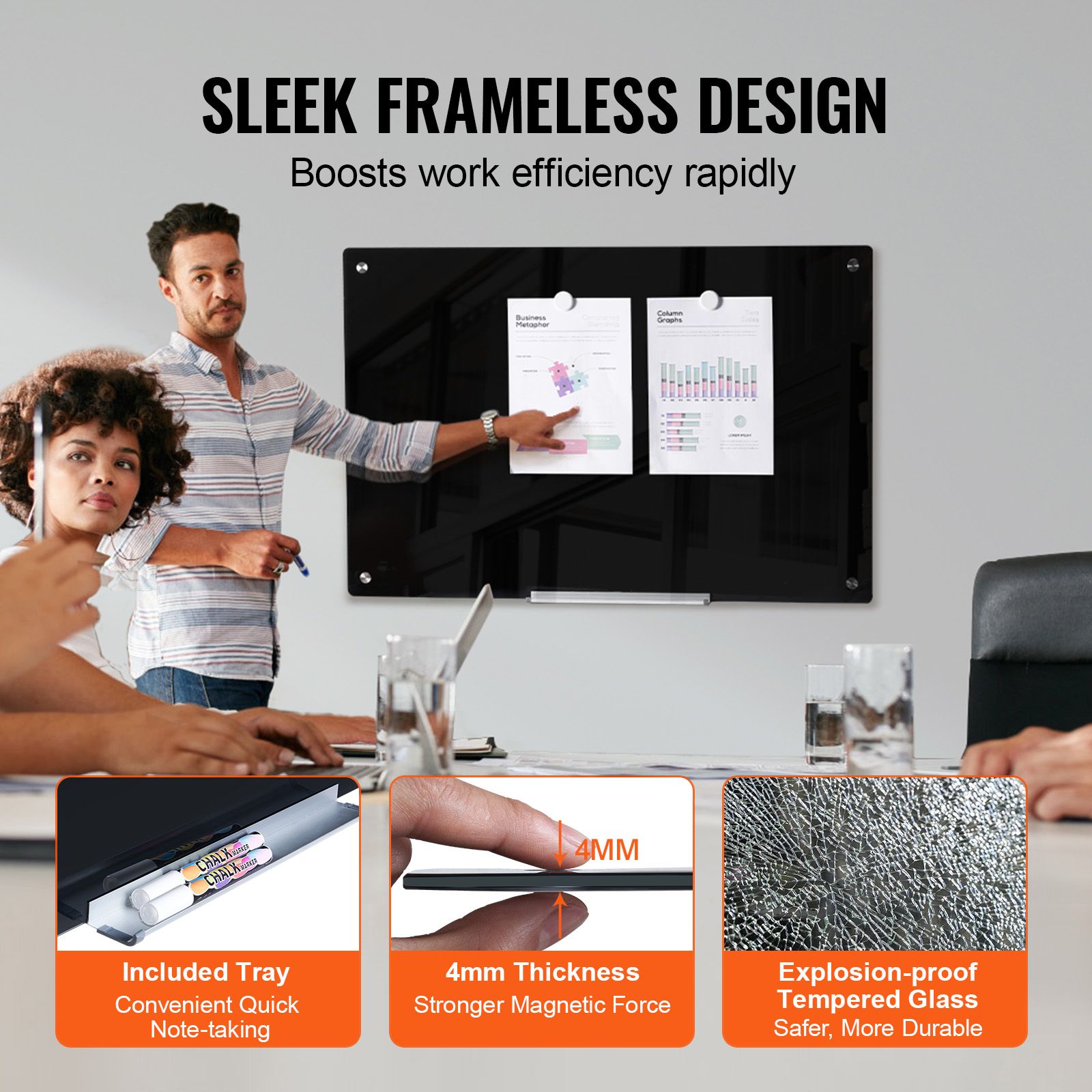 Magnetic Glass Whiteboard, Dry Erase Board 36"x24", Wall-Mounted Large White Glassboard Frameless, with Marker Tray, an Eraser and 2 Markers, Black — image 4