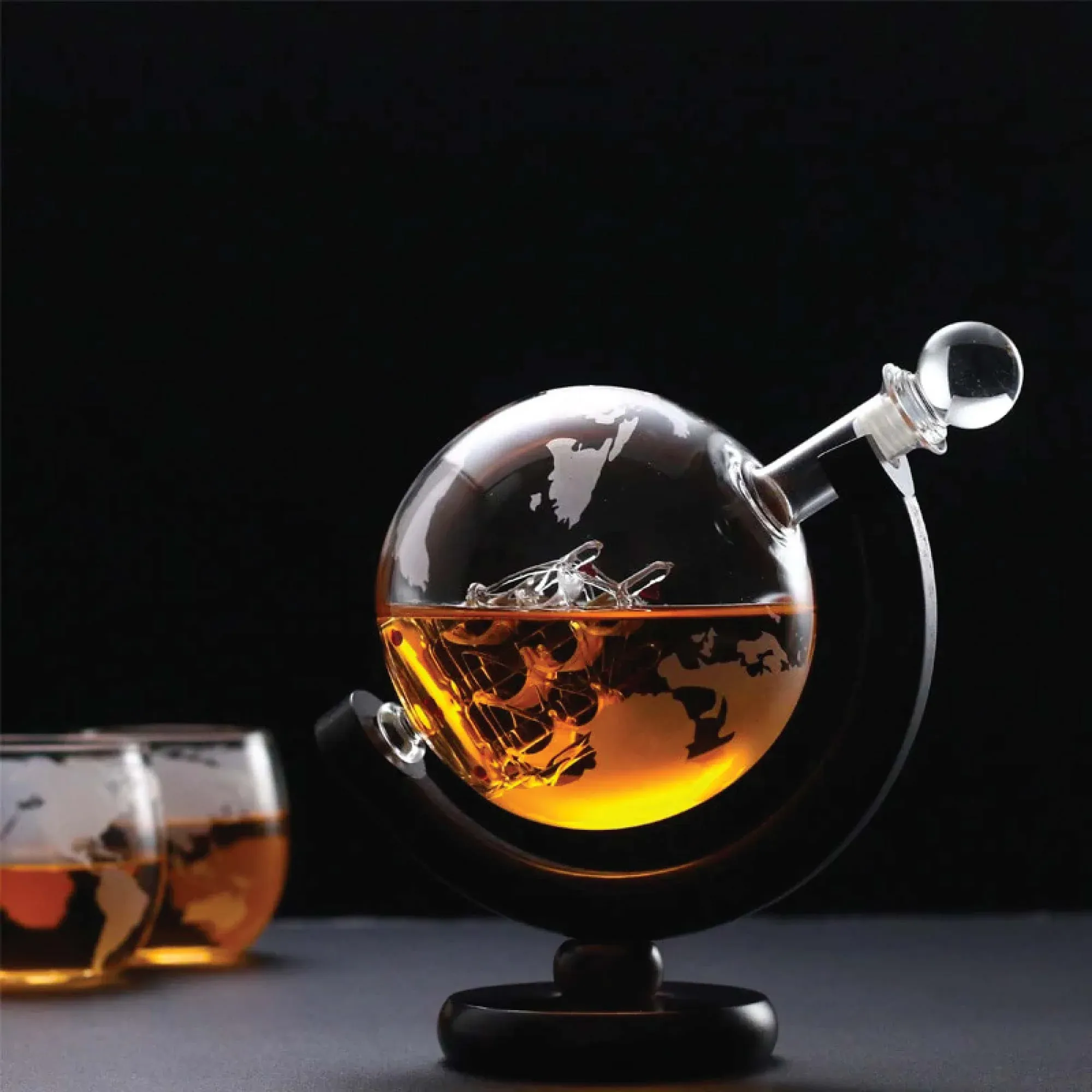 Kitchee 850ml Whiskey or Wine Globe Glass Decanter Set - 2 Glasses + Stand — image 6