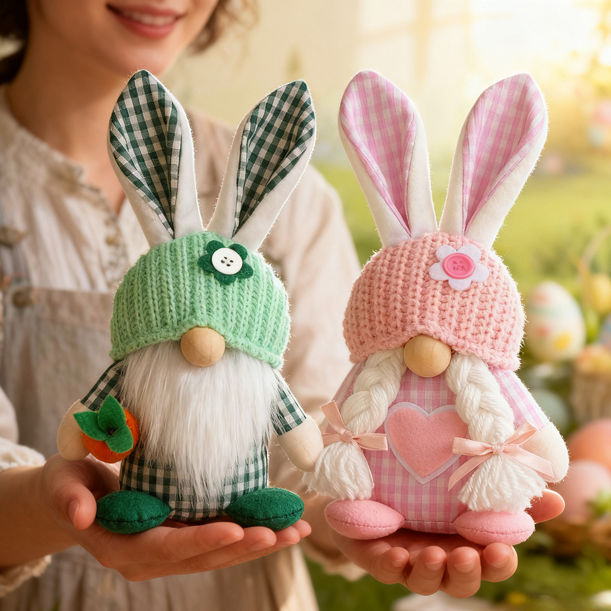 Pink Easter Plush Bunny Gnome Figurine โ Decorative Doll with Long Hair and Checkered Ears for Home Display โ image 4
