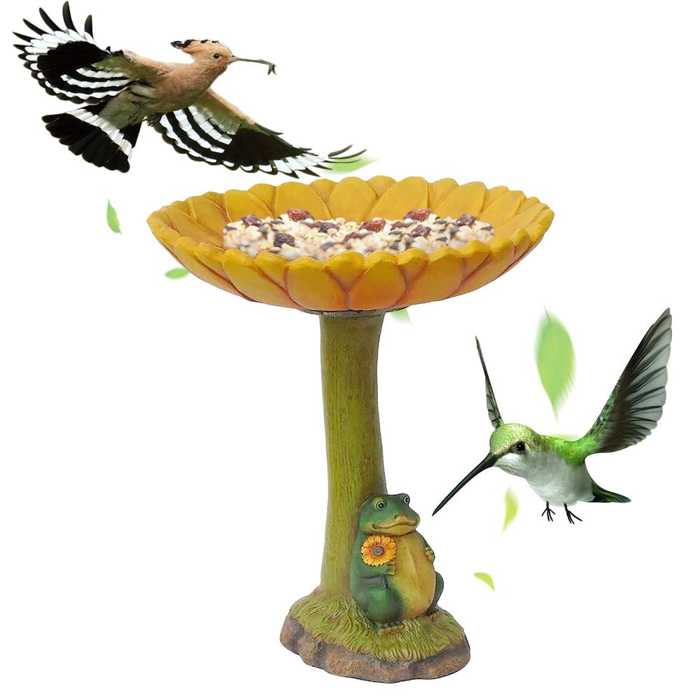 Sunflower Frog Bird Bath Bowl - Natural Style Animals Statue Pedestal Bird Bath, 6.5x7.9inch Resin Sunflower Bird Bath, Bird Feeding Station Garden Statue for Yard Lawn Decorations