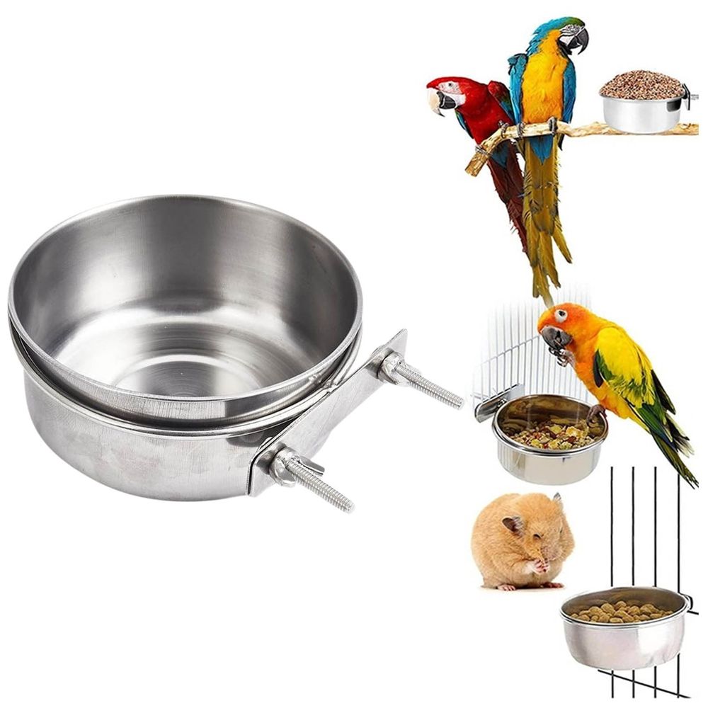 Bird Feeding Dish Cups, Stainless Steel Bird Feeder Parrot Food Water Bowls with Clamp, Bird Cage Water Bowl for Bird Parrot cockatiel Conure Budgies Parakeet Small Animal