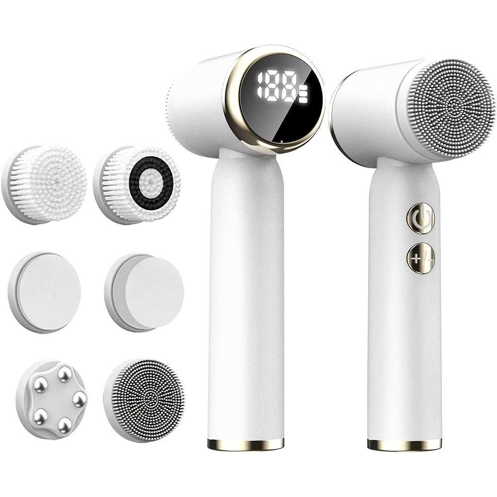 6-in-1 Electric Facial Cleansing Brush, 6 Brush Heads (Silicone/ABS/Stainless Steel), LED Display, 3 Speed Levels, USB Charging, Full Body Waterproof, Unisex, Perfect Festival Gift!*white