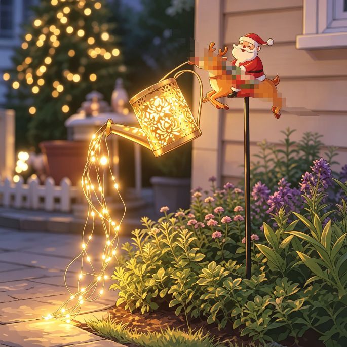 1Pack Christmas Solar Colored Watering Can Lamp, LED Santa Deer Watering Pot Light, Easy-Insert Yard Lawn Flower Bed Decor, Festive Outdoor Christmas Decoration(Warm)