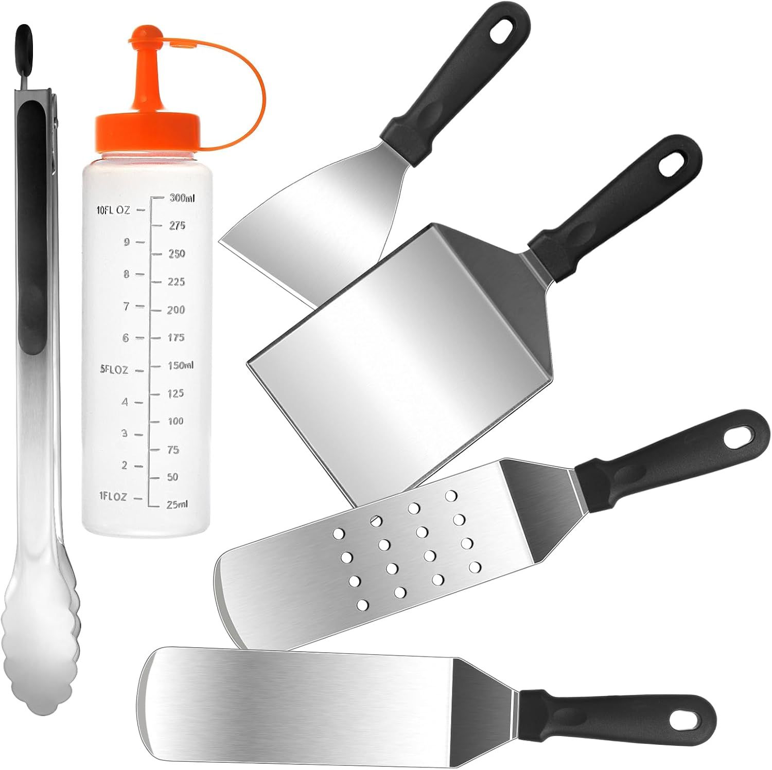6pcs Griddle Accessories Kit, Heavy Duty Stainless Steel Spatulas Set, Compatible with Blackstone, Flat Top Grill Tools for Outdoor BBQ