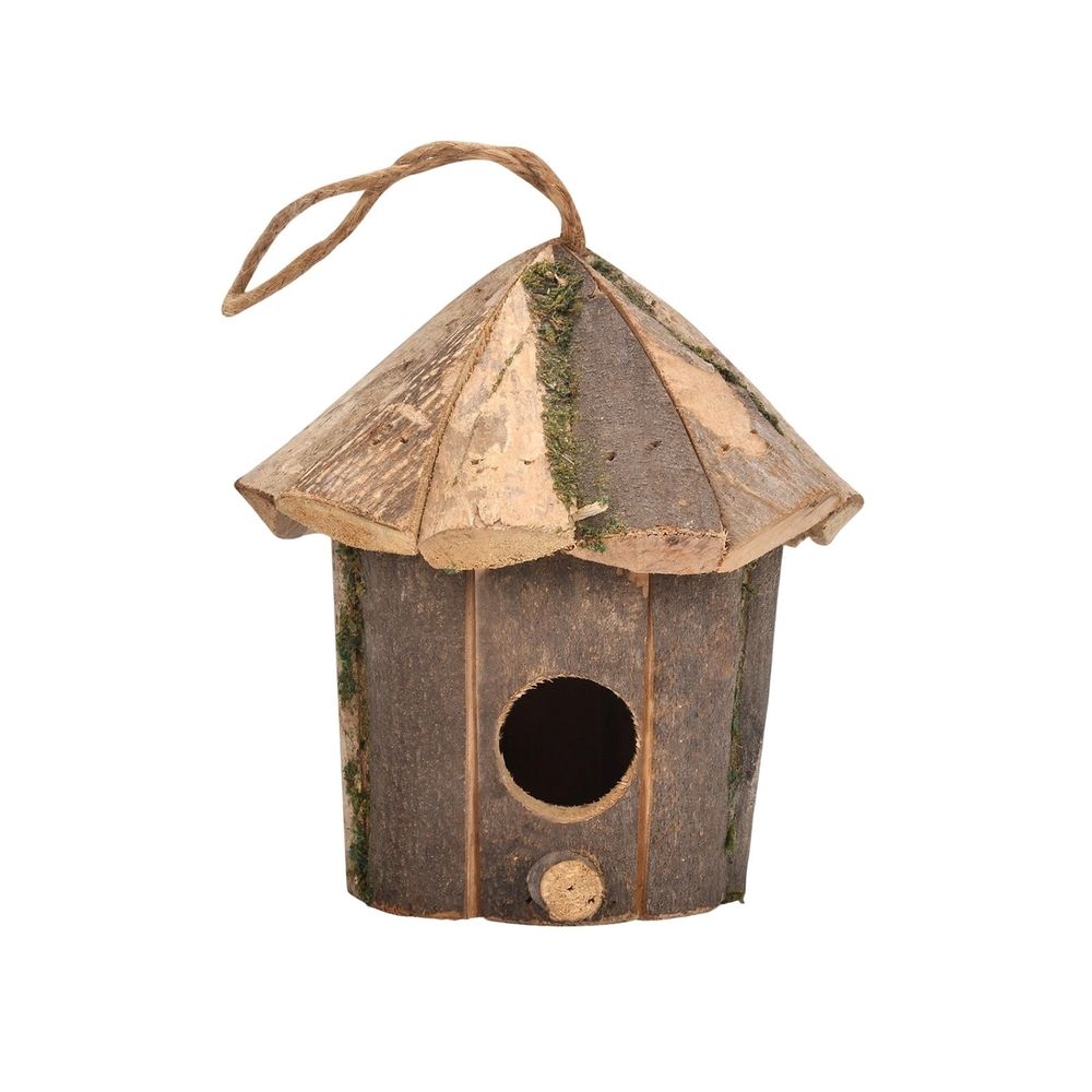 Hanging Natural Wood Birdhouse for Small Songbirds, Outdoor Bird Breeding Box with Ventilated Octagonal Roof, Easy-Clean Door and Durable Jute Rope