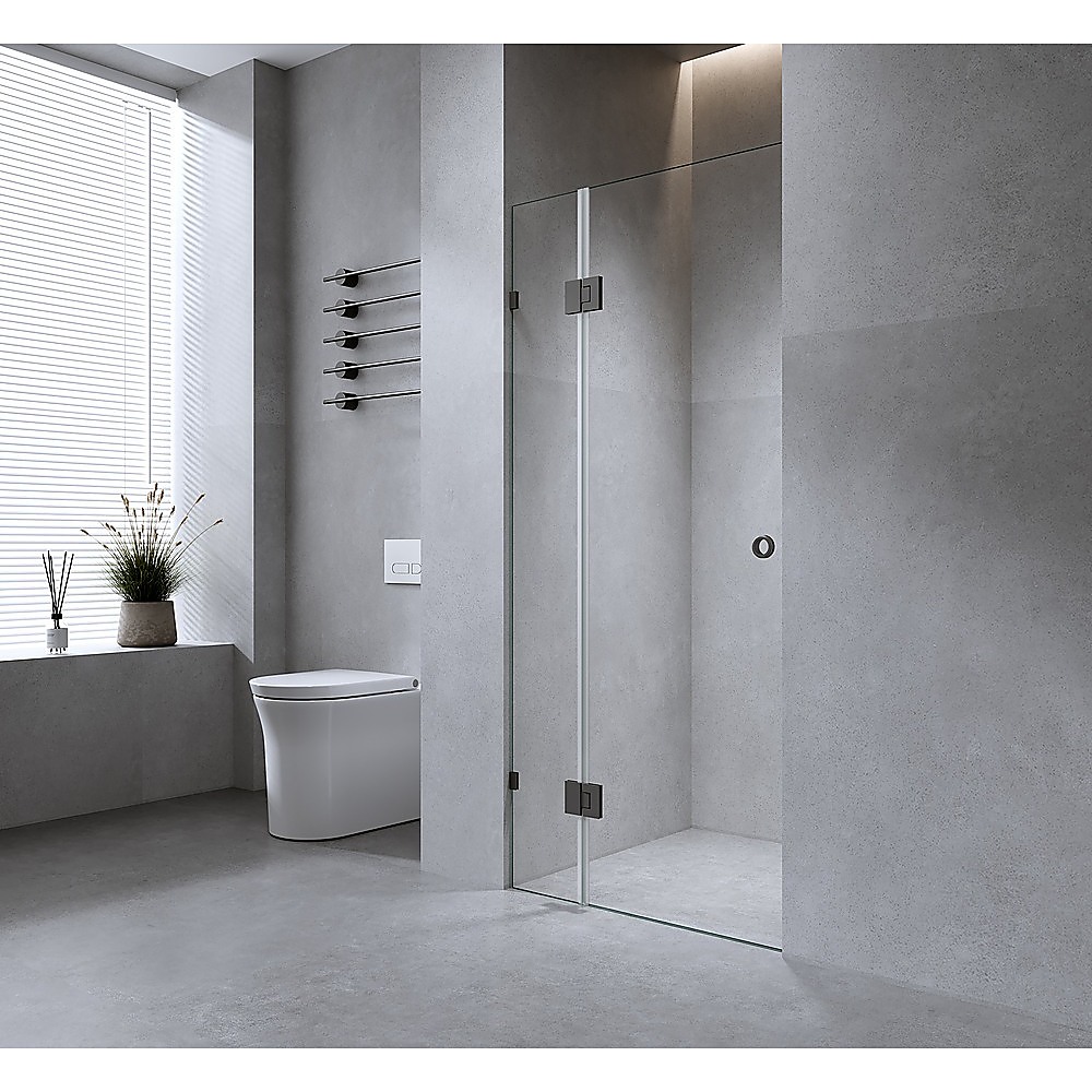 110cm Frameless Wall-to-Wall Shower Screen with Black Brackets & Brass Hinges – F-Brackets — image 2