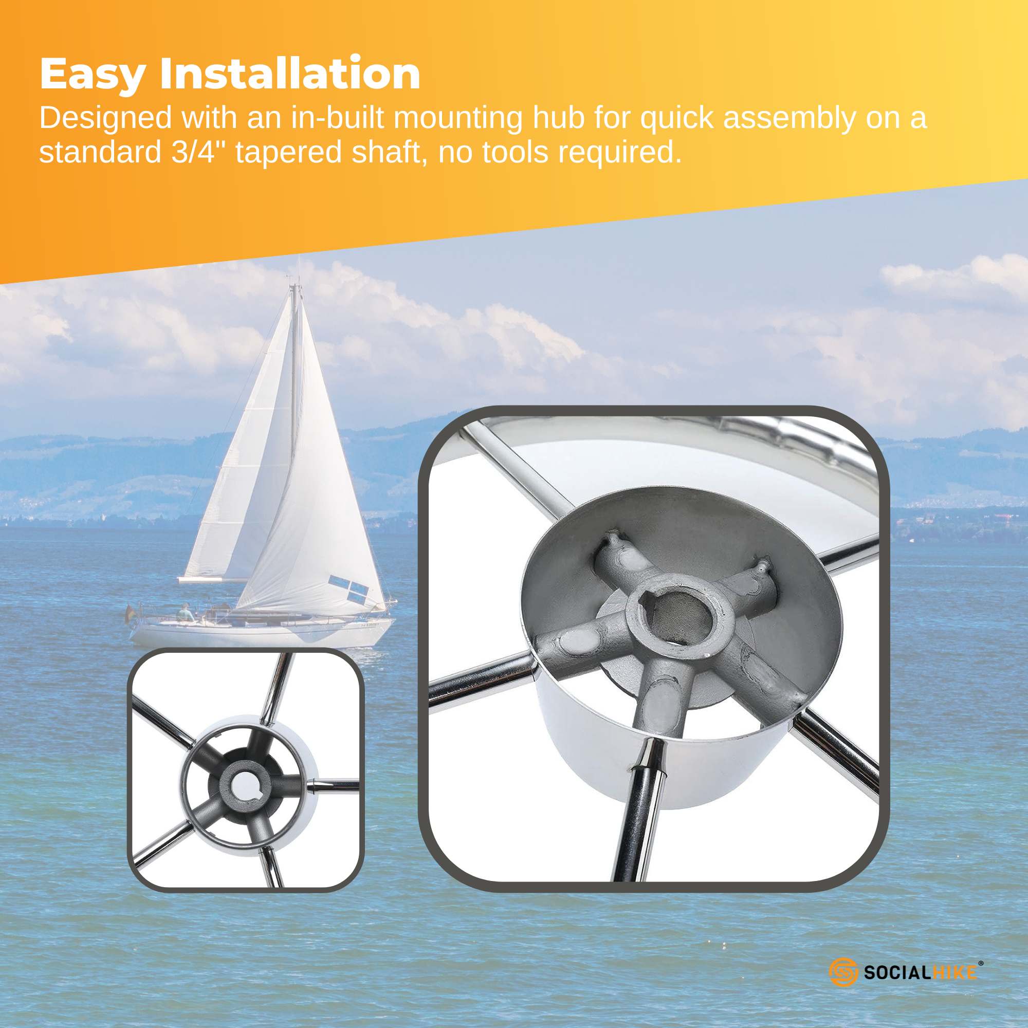 13.5" Boat Stainless Steel Steering Wheel - 5 Spoke with Knob For 3/4" Shaft — image 5