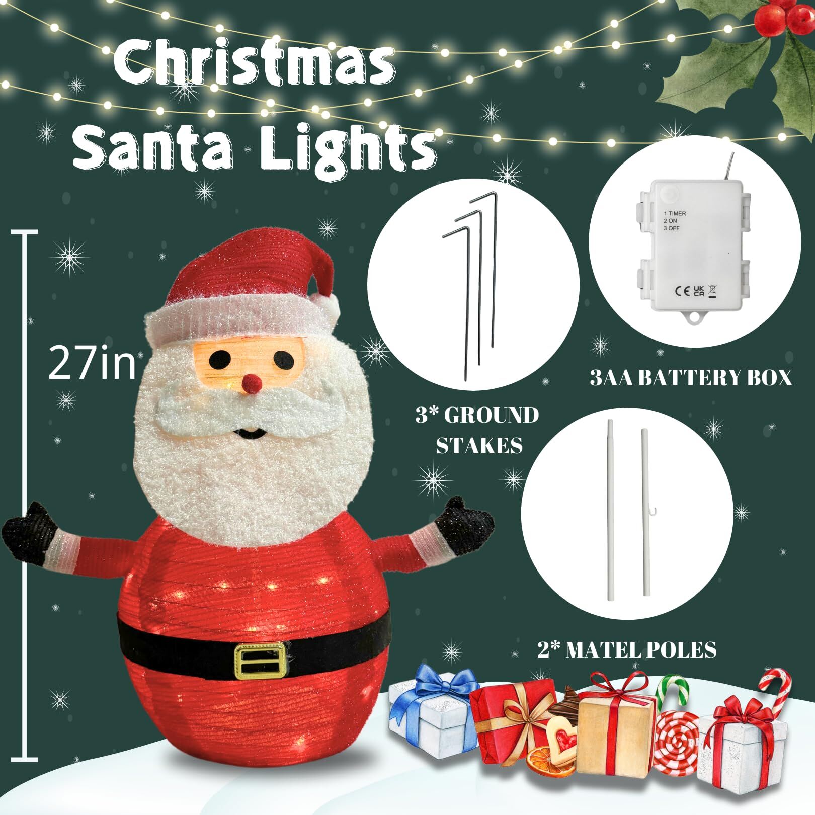 Lighted Christmas Santa Claus Decoration Lantern, 45 LED Collapsible Pop-Up Ornament with 8 Light Modes & Timer, Indoor Outdoor Holiday Décor — image 3
