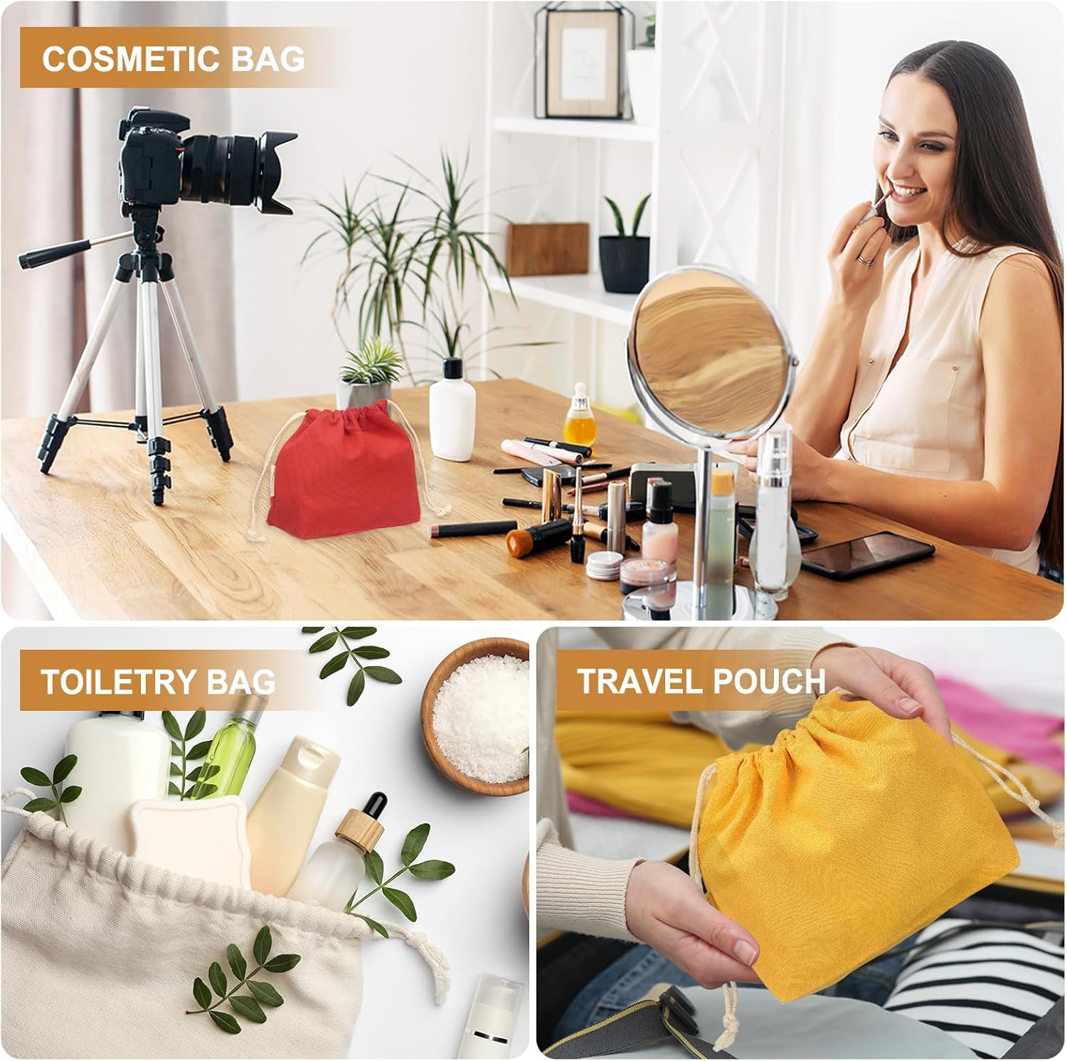 2 Pcs Drawstring Makeup Bag, 4.7" Canvas Cosmetic Bag Women's Make Up Bags Toiletry Organizer Pouch for Travel Toiletries Accessories, Orange โ image 6