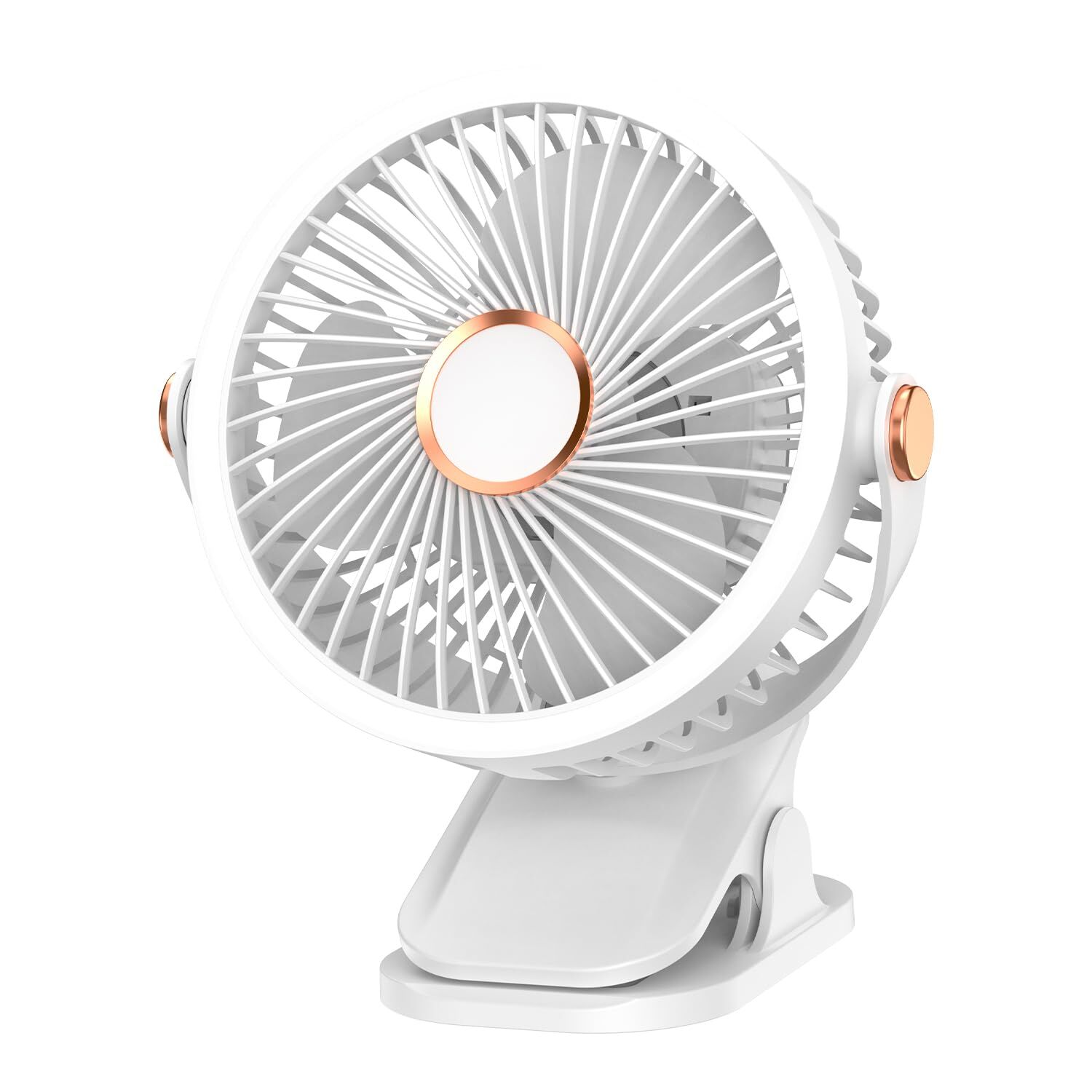 Mini Clip-on Fan with LED Light β USB Rechargeable, 360Β° Rotatable, 5-Speed Cooling for Desk, Bed, Camping & Travel (White)
