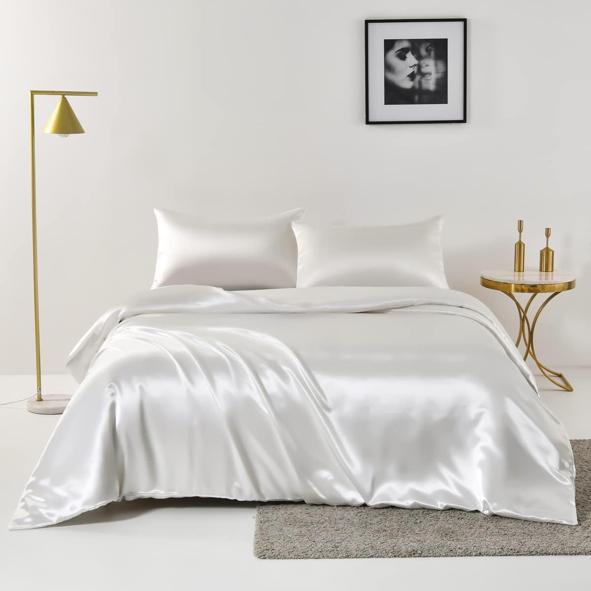 Satin Quilt cover Set Hotel 3 Pieces Quilt cover with Pillowcase, Art Silk Bedding Set-Luxury Soft Silky pillowcase for Hair and Skin, Similar to Silk