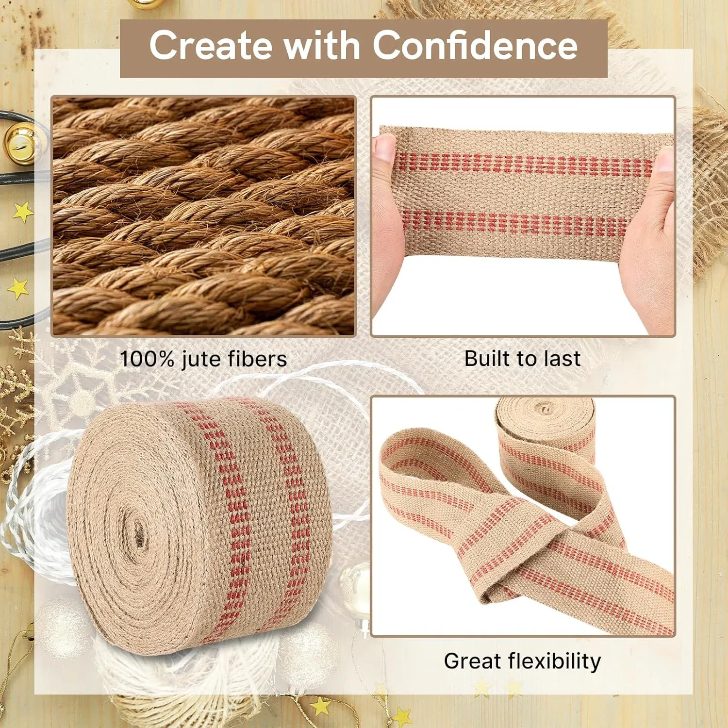 Jute Webbing Tape Roll, Natural Burlap Upholstery Strap for Chair Repair, Red Stitch 3.5 In x 5M โ image 3