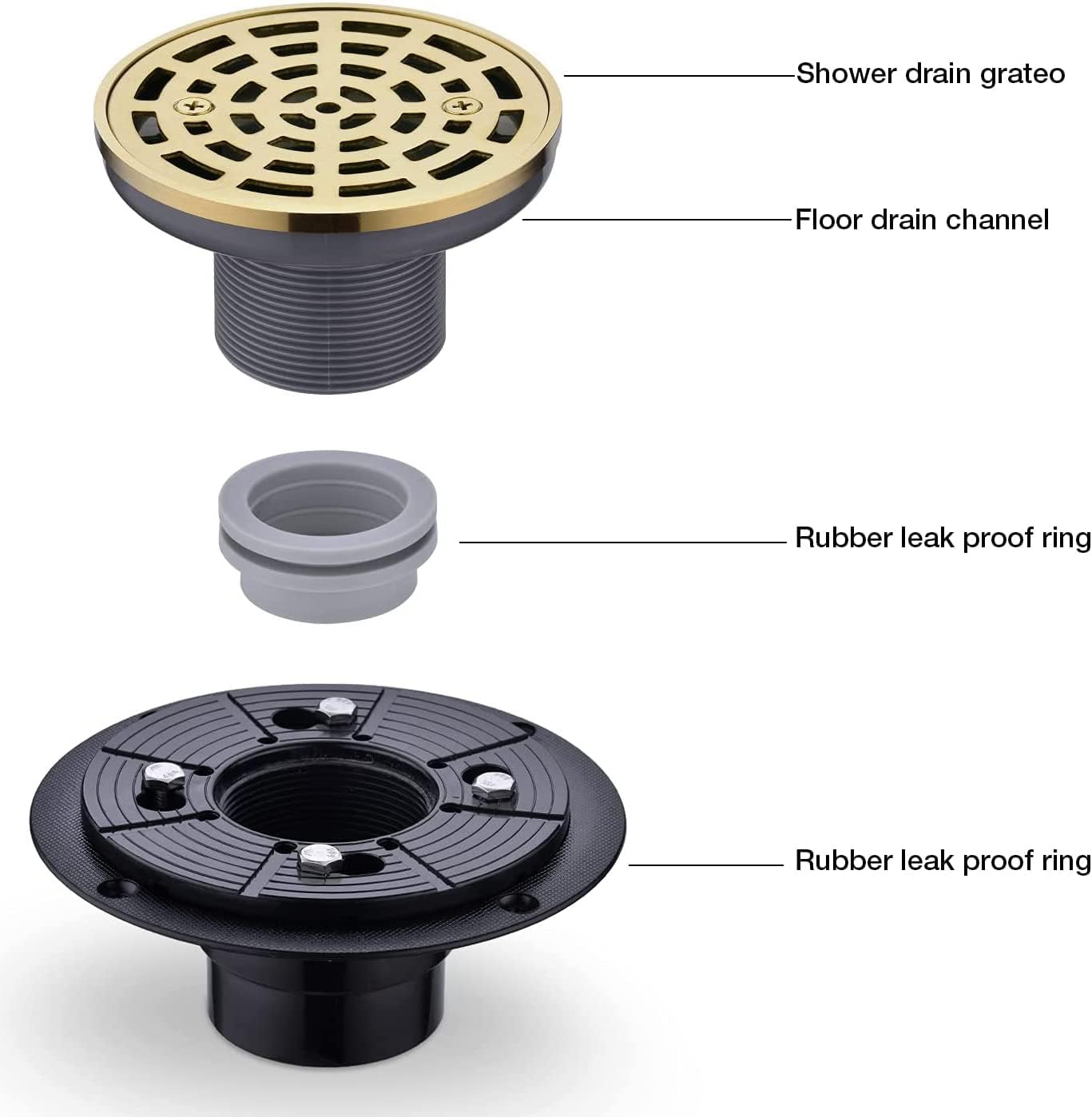 Round Shower Drain SUS304 Stainless Steel Brushed Gold Shower Drain 4 inch with Adjustable PVC Base Flange,Shower Floor Drain with Removable Cover Grid Grate — image 4