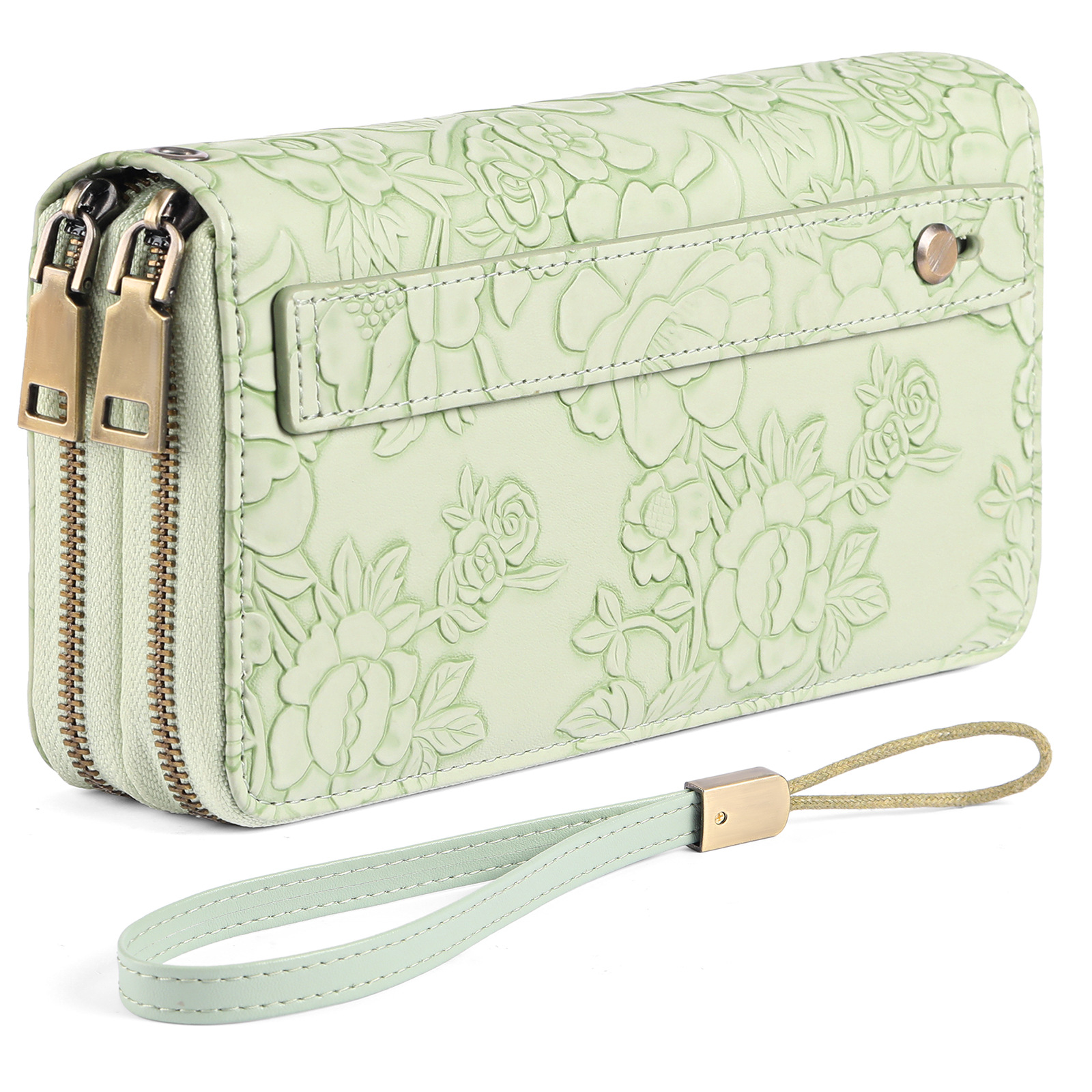 Pink Floral Embossed Large Capacity Women's Wallet - Double Zipper PU Leather Clutch with Detachable Wrist Strap — image 3