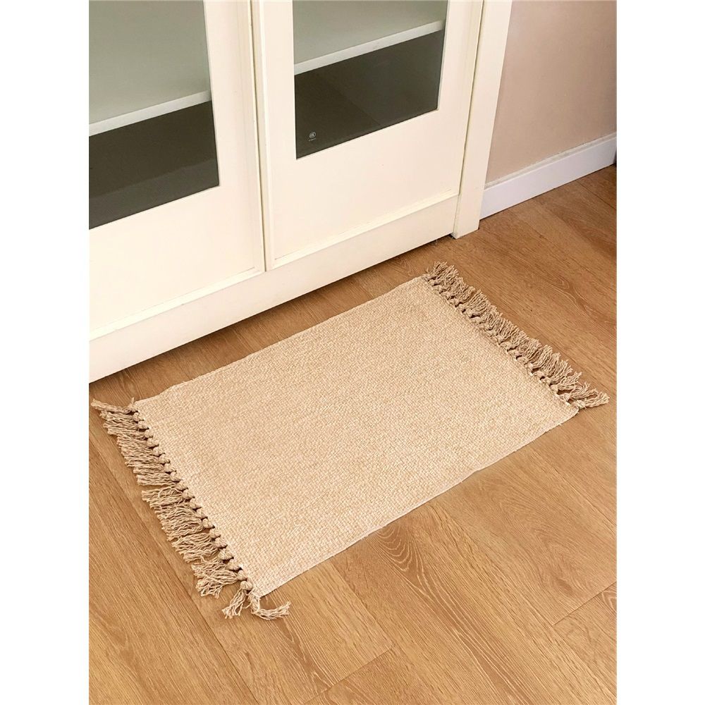 Small Bathroom Rug,Hand-Woven Low Profile Front Entryway Rug, Cotton Reversible Washable Kitchen Mat Modern Farmhouse Carpet （Hemp yellow 40 * 70cm） — image 4