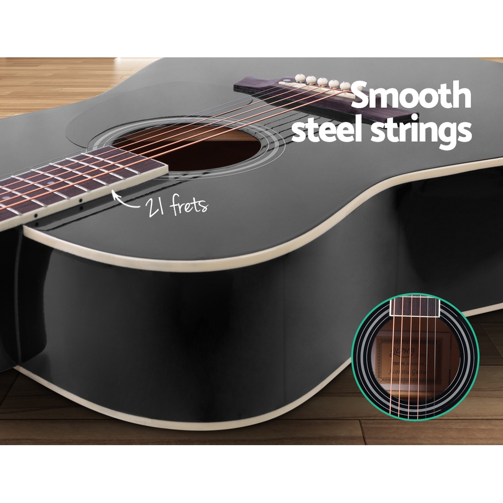Alpha 41 Inch Acoustic Guitar Wooden Body Steel String Dreadnought Black — image 4